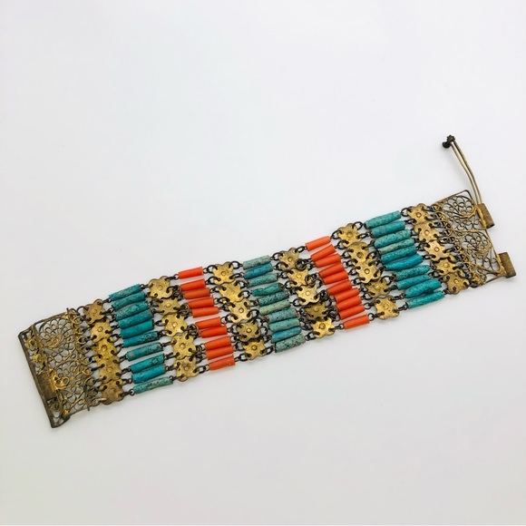 Rare Vintage Egyptian Revival Faience brass filigree bracelet - Picture 12 of 16